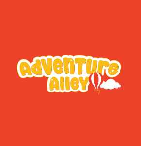 Adventure Alley logo with hot air balloon on red background