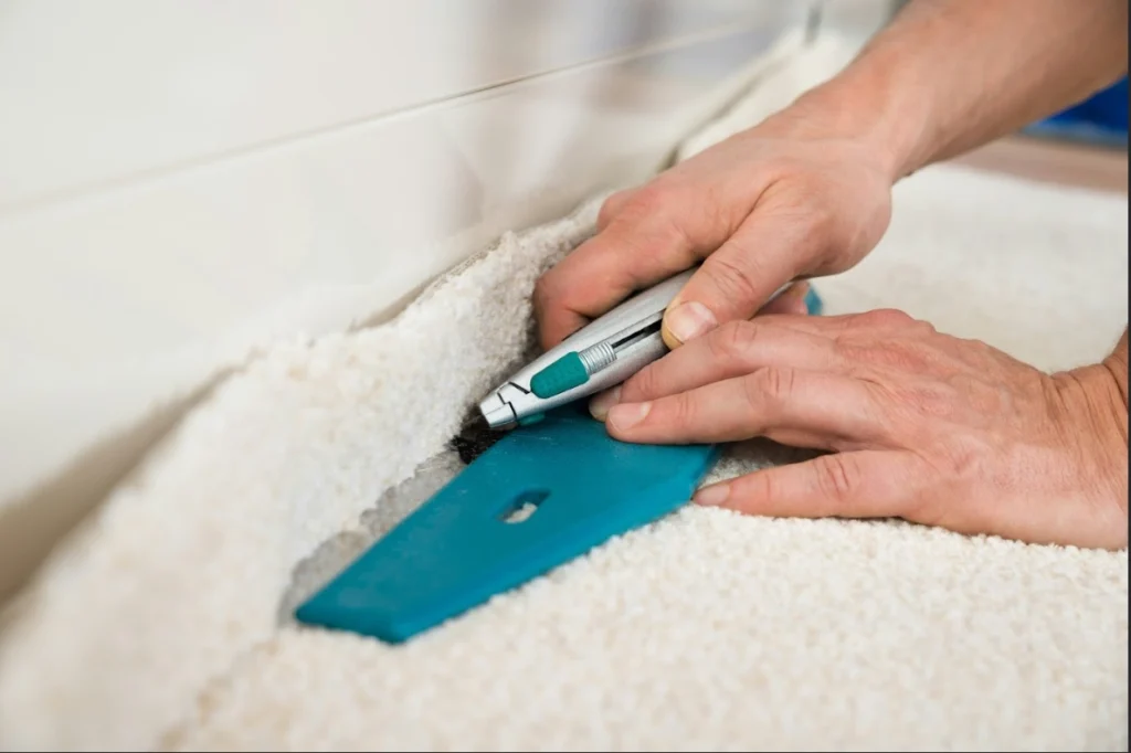 A person cutting white carpet along the edge using a utility knife and a straight edge.
